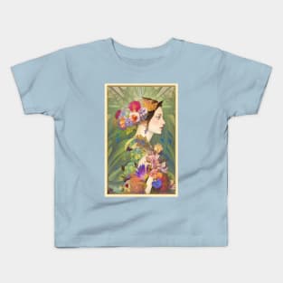 Pretty Art Deco Painting of girl with flowers botanical floral goddess of flowers Kids T-Shirt